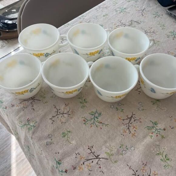Pyrex Flirtation Coffee Tea Cups 7 White Yellow Blue Butterfly Floral Milk Glass - Picture 3 of 7